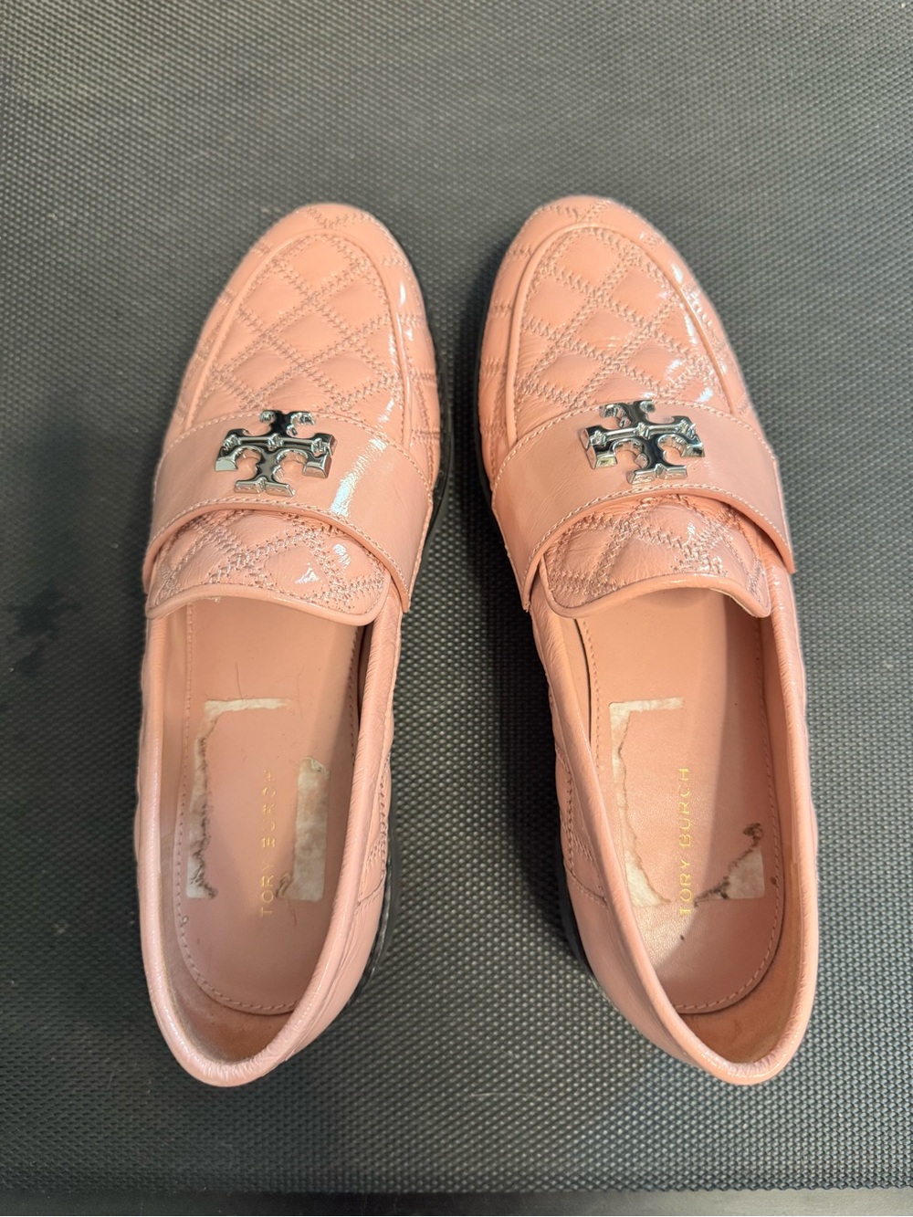 Tory Burch Blush Pink Quilted Patent Loafers with Logo Hardware